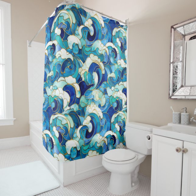 Blue Ocean Waves Stained Glass Mosaic Shower Curtain (In Situ)