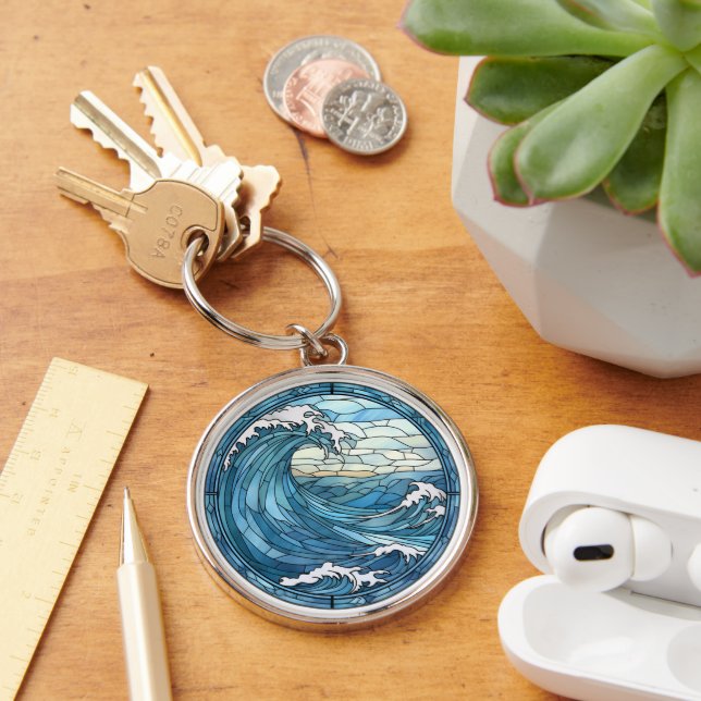 Blue Ocean Waves Sunset Stained Glass Key Ring (Desk)