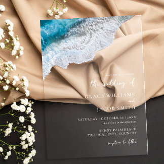 Blue Ocean Waves Tropical Beach Wedding Acrylic Invitations