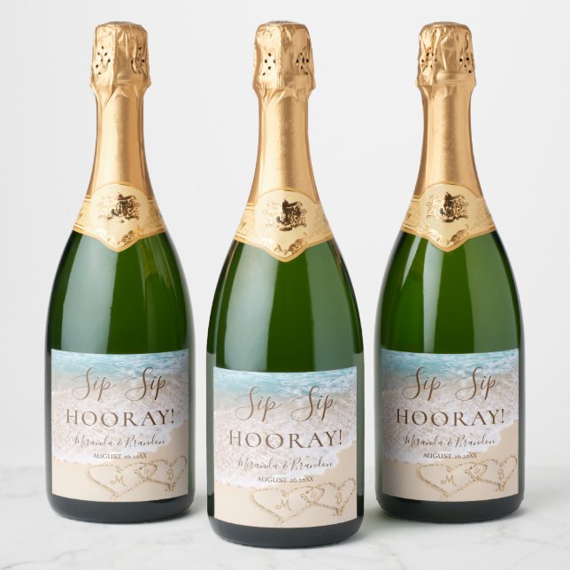 Blue Ocean Waves Tropical Beach Wedding Sparkling Wine Label (Bottles)