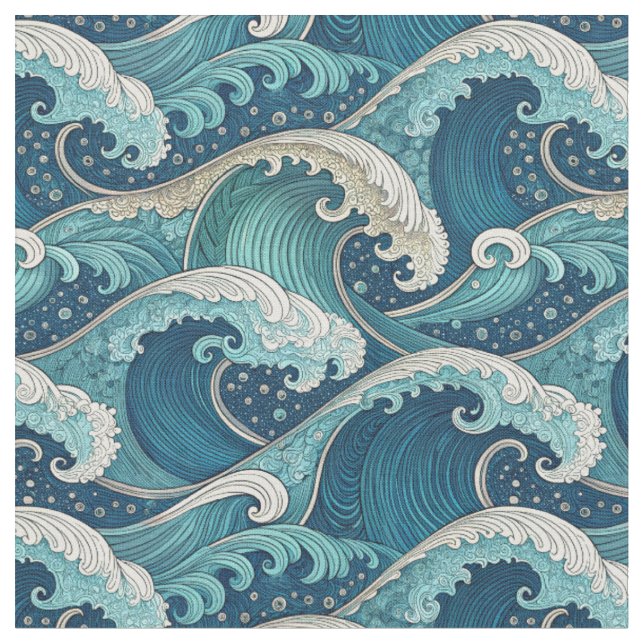Blue Ocean Waves Tropical Summer Design Pattern Fabric (Close Up)