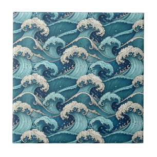 Blue Ocean Waves Tropical Summer Japanese Pattern Ceramic Tile