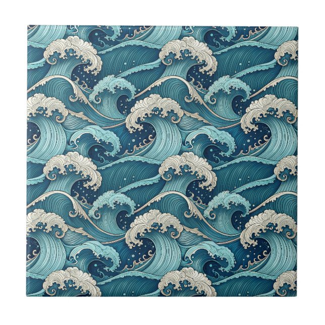 Blue Ocean Waves Tropical Summer Japanese Pattern Ceramic Tile (Front)