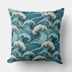 Blue Ocean Waves Tropical Summer Japanese Pattern Cushion