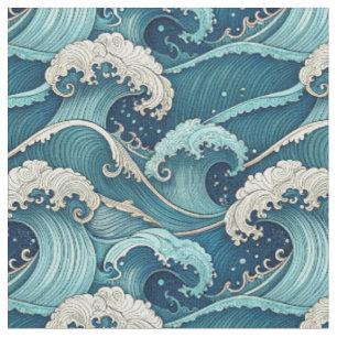 Blue Ocean Waves Tropical Summer Japanese Pattern Fabric