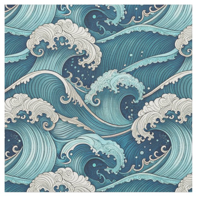 Blue Ocean Waves Tropical Summer Japanese Pattern Fabric (Close Up)