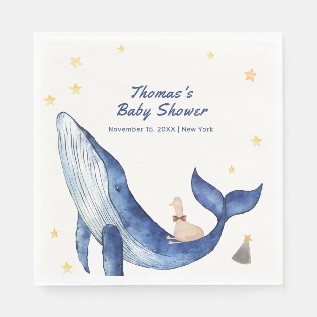 Blue Ocean Whimsical Duck Stars Whale Baby Shower Napkin (Front)