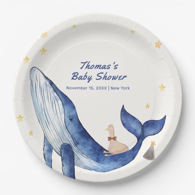Blue Ocean Whimsical Duck Stars Whale Baby Shower Paper Plate (Front)