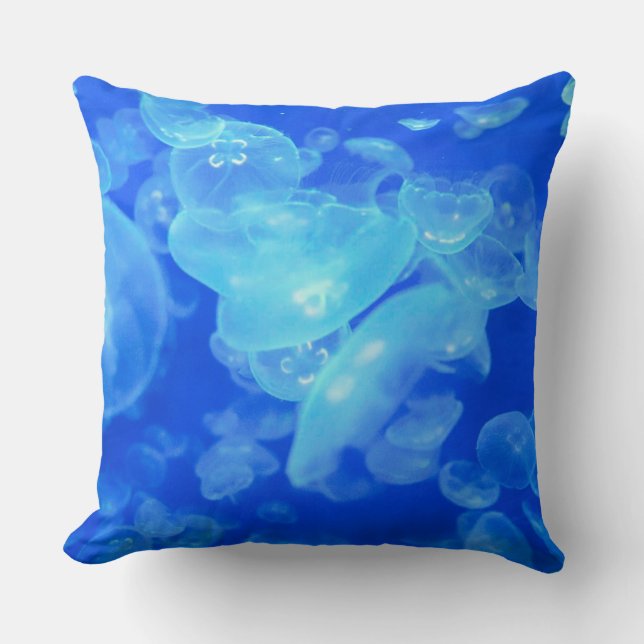 Blue ocean white jellyfish throw pillow (Front)