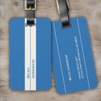 Blue Ocean, White Sand, Blue Text, Retro Luggage Tag