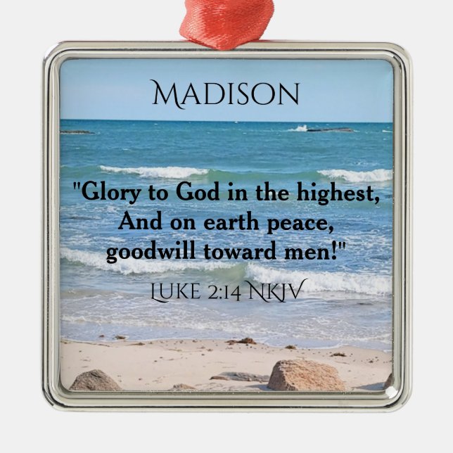 Blue Ocean with Christmas Verse Custom Name Metal Ornament (Front)