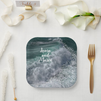 Blue ocean with drawn hearts paper plate