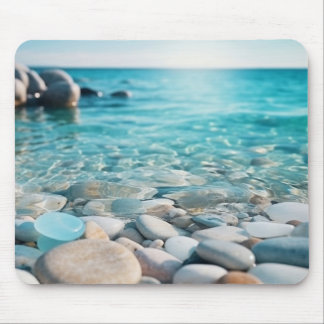 Blue Ocean with Sea Glass and Stones on Beach Mouse Pad