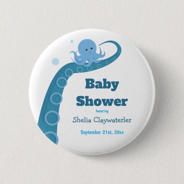 Blue Octopus | Baby shower button (Front)