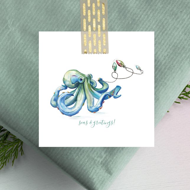 Blue Octopus Beachy Mini Christmas Watercolor  Card (Creator Uploaded)