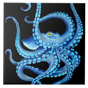 Blue Octopus Black Ceramic Tile