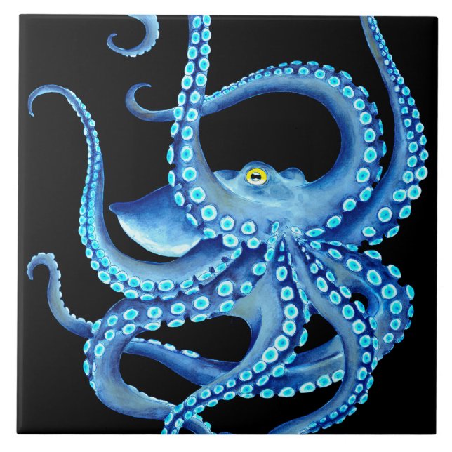 Blue Octopus Black Ceramic Tile (Front)