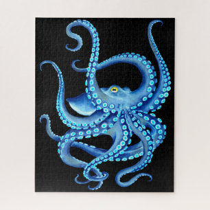 Blue Octopus Black Jigsaw Puzzle