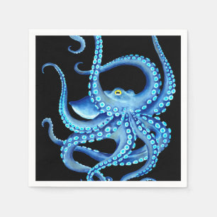 Blue Octopus Black Napkin