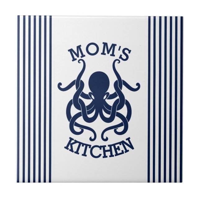 Blue Octopus & Blue & White Stripes Ceramic Tile (Front)