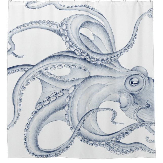 Blue Octopus Cephalopod Kraken Ink Shower Curtain (Front)