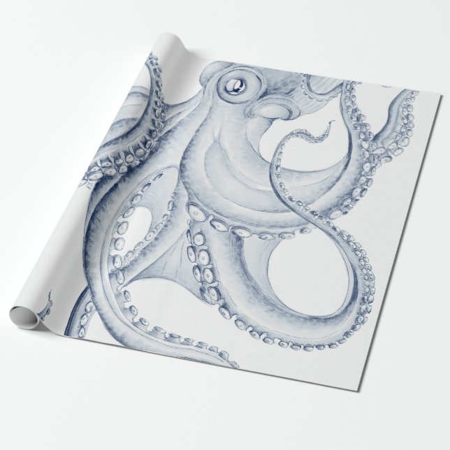 Blue Octopus Cephalopod Kraken Ink Wrapping Paper (Unrolled)