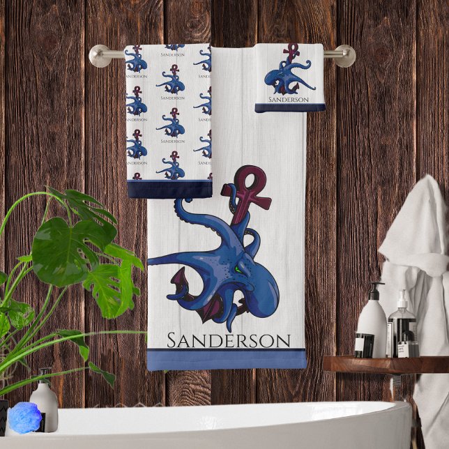  Blue Octopus Coastal White Wood  Nautical Bath To Bath Towel Set (Creator Uploaded)