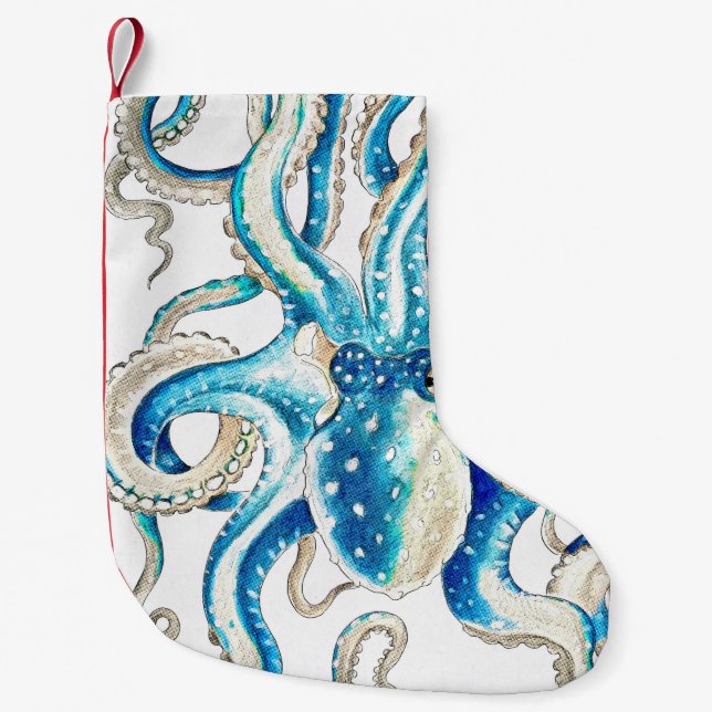 Blue Octopus Comic Style Small Christmas Stocking (Front)