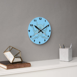 Blue Octopus Design Round Clock