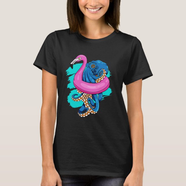 Blue Octopus in Pink Flamingo Float Pool Party Fun T-Shirt (Front)