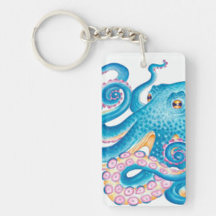 Blue Octopus Kraken Orange Pink Watercolor Key Ring