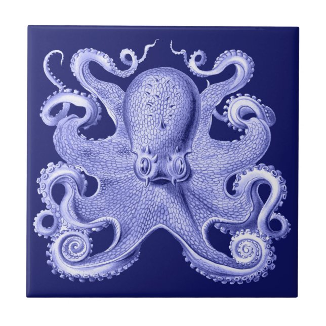 Blue Octopus Nautical Beach House Coastal Haeckel Ceramic Tile (Front)
