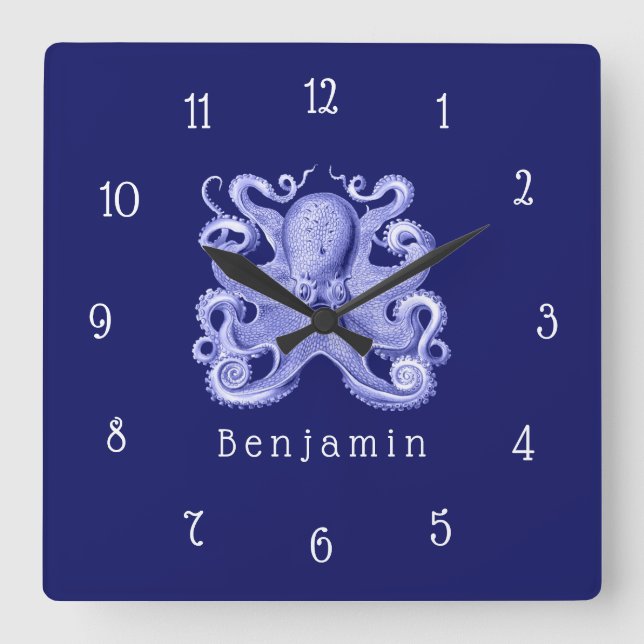 Blue Octopus Nautical Coastal Beach House Name Square Wall Clock (Front)