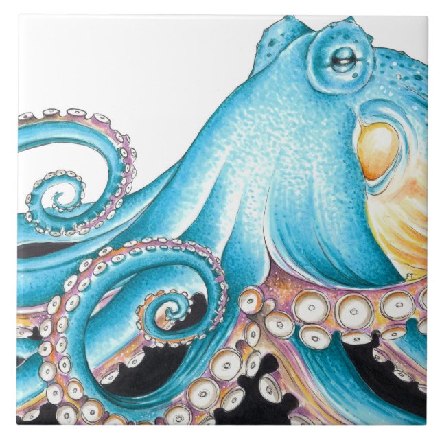 Blue Octopus On White Ink Ceramic Tile (Front)