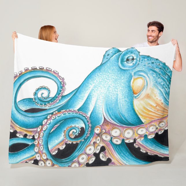 Blue Octopus On White Ink Fleece Blanket (In Situ)