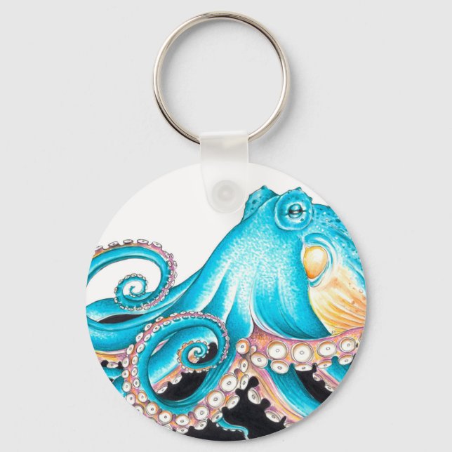 Blue Octopus On White Ink Key Ring (Front)