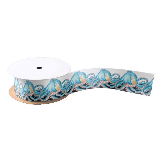 Blue Octopus On White Ink Satin Ribbon (Spool)
