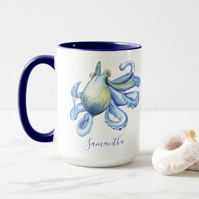 Blue Octopus Personalised Beach Theme Coffee Mug (With Donut)