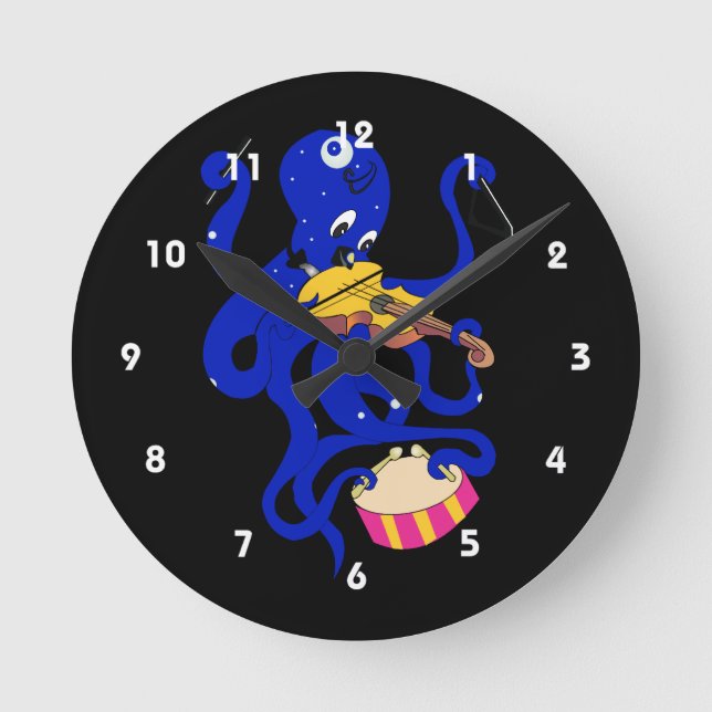 blue octopus playing multiple percussion.png round clock (Front)