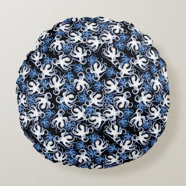 Blue Octopus Repeating Pattern Round Cushion (Front)