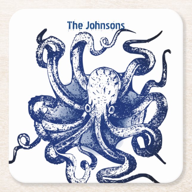Blue Octopus Square Paper Coaster (Front)