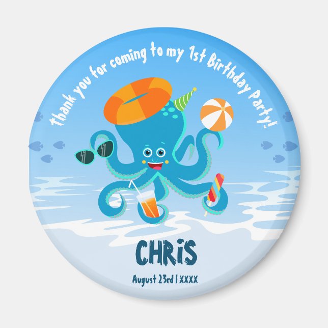  Blue Octopus Under the Sea Boy Birthday Party Magnet (Front)