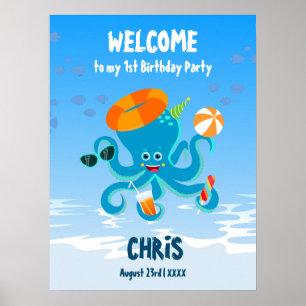 Blue Octopus Under the Sea Boy Birthday Party Poster