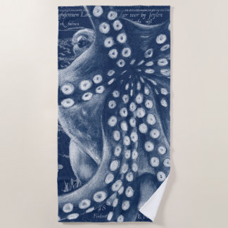 Blue Octopus Vintage Map Chic Beach Towel