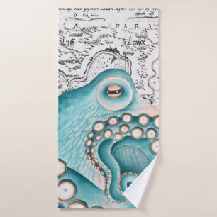 Blue Octopus Vintage Map Nautical Art Bath Towel Set