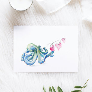 Blue Octopus Watercolor Beach Valentines Day Holiday Card
