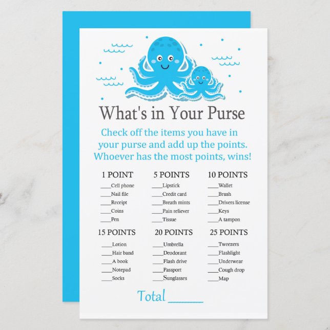 Blue Octopus What's in your purse game (Front/Back)
