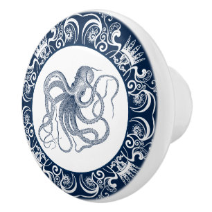 Blue octopus white frame ceramic knob