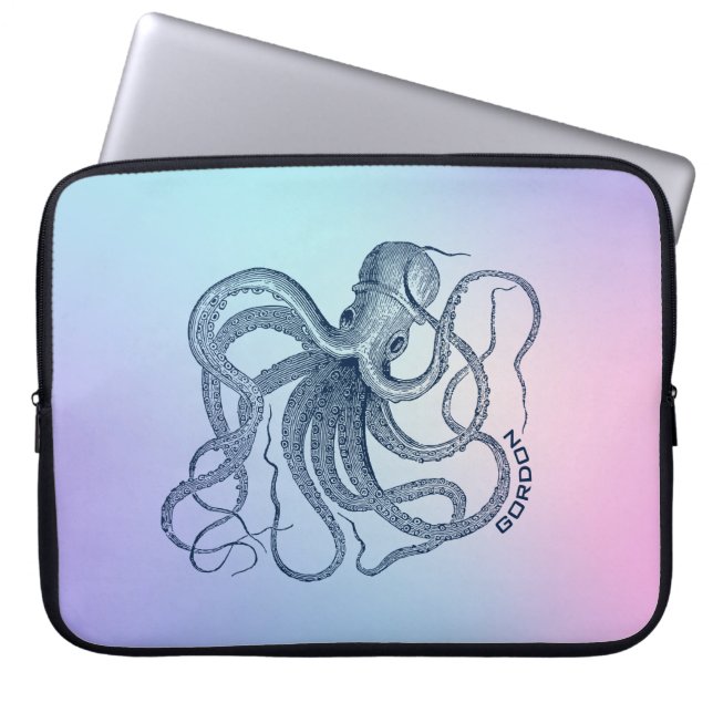 Blue octopus with pink and blue ombre laptop sleeve (Front)