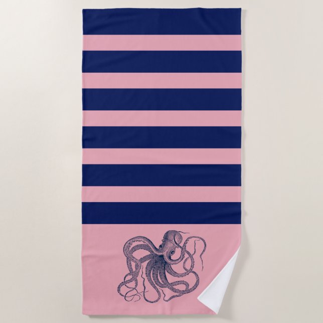 Blue octopus with pink and blue stripes beach towel (Front)